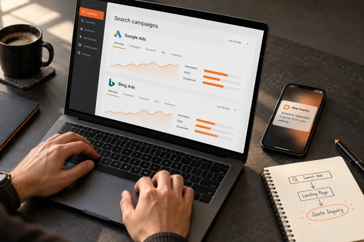 Google and Bing search campaigns with a new quote inquiry on a phone