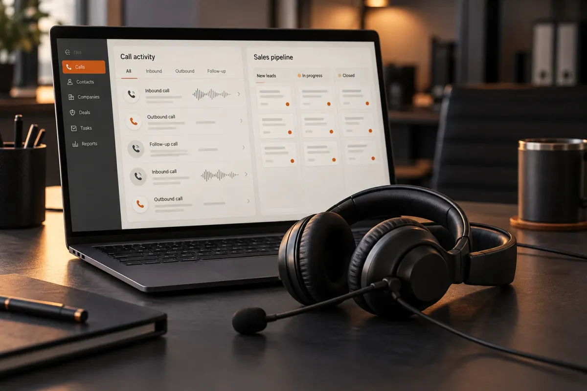 call activity and sales pipeline in a CRM beside a telephone headset