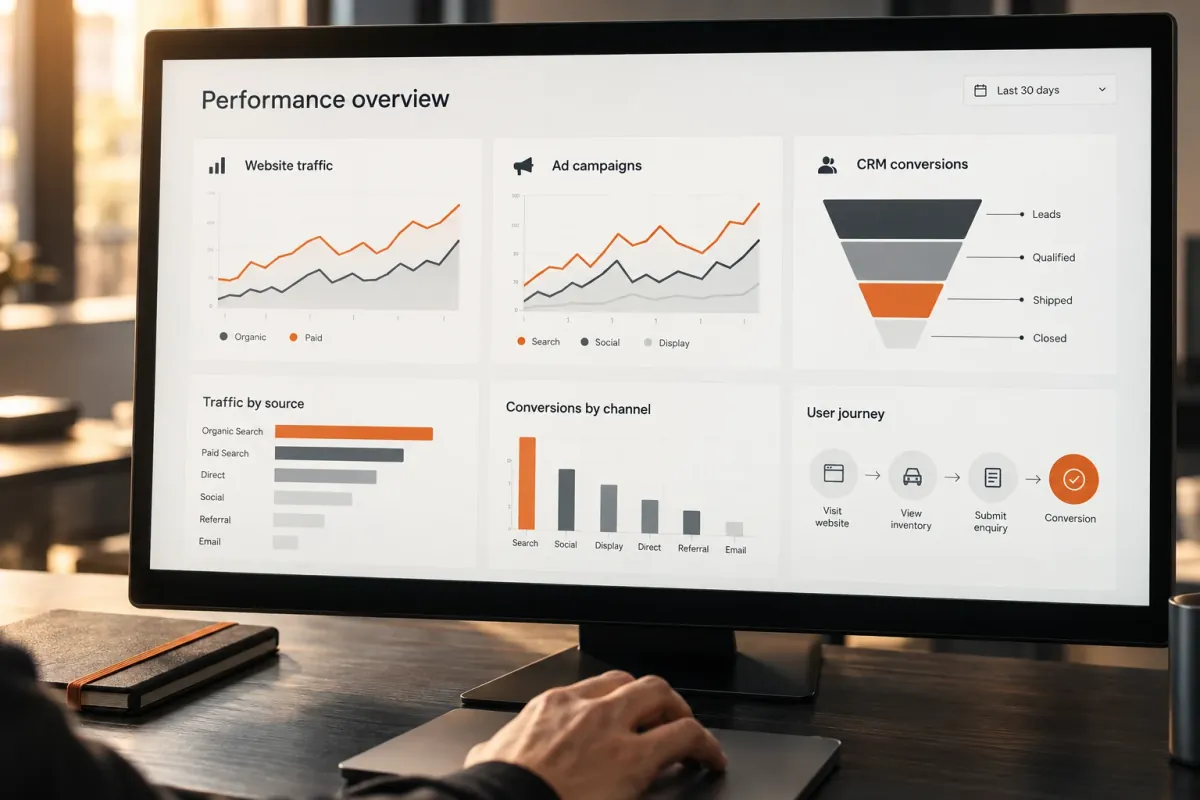 analytics dashboard connecting website traffic, ad campaigns and CRM conversions
