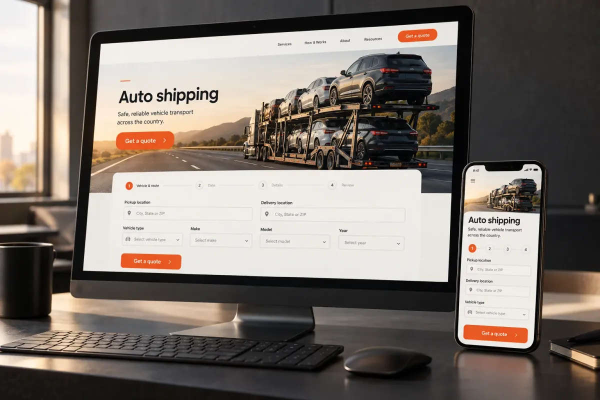 auto shipping website and quote form on desktop and mobile